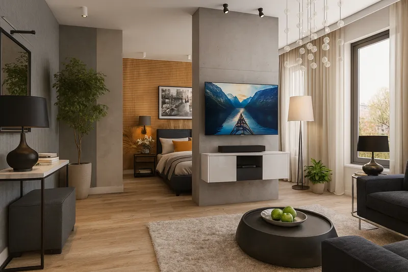 Salon ze ścianką TV z drewnianymi lamelami i szklanymi lampami