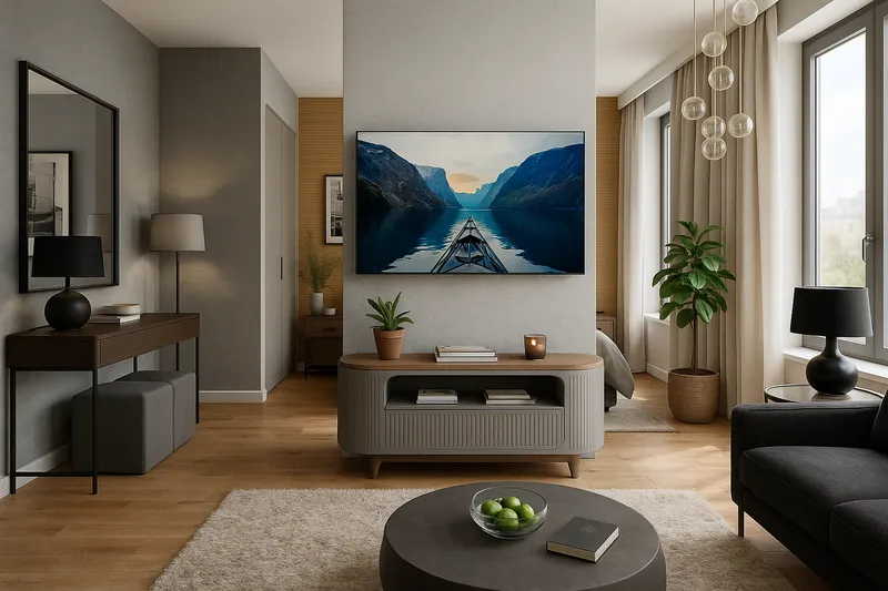 Salon w dziennym świetle z meblami TV o zaokrąglonych frontach