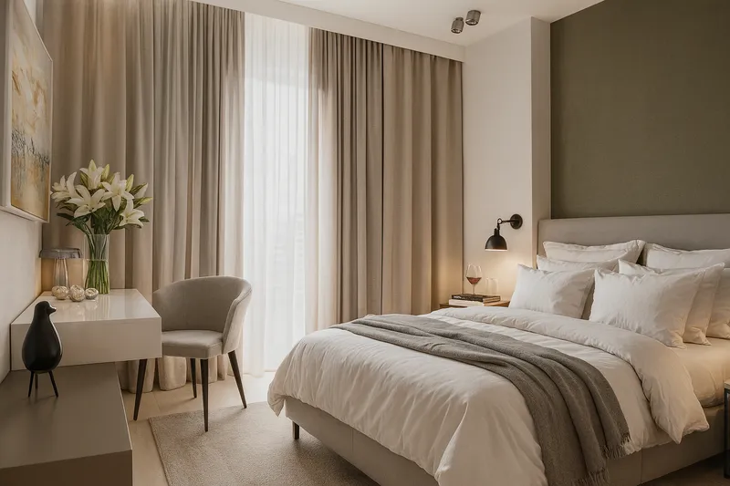 Minimalistyczna sypialnia z oliwkową ścianą akcentową