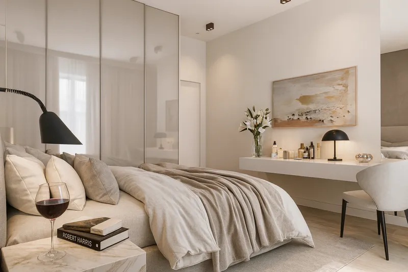 Jasna sypialnia gościnna z lustrzaną szafą i pływającą toaletką