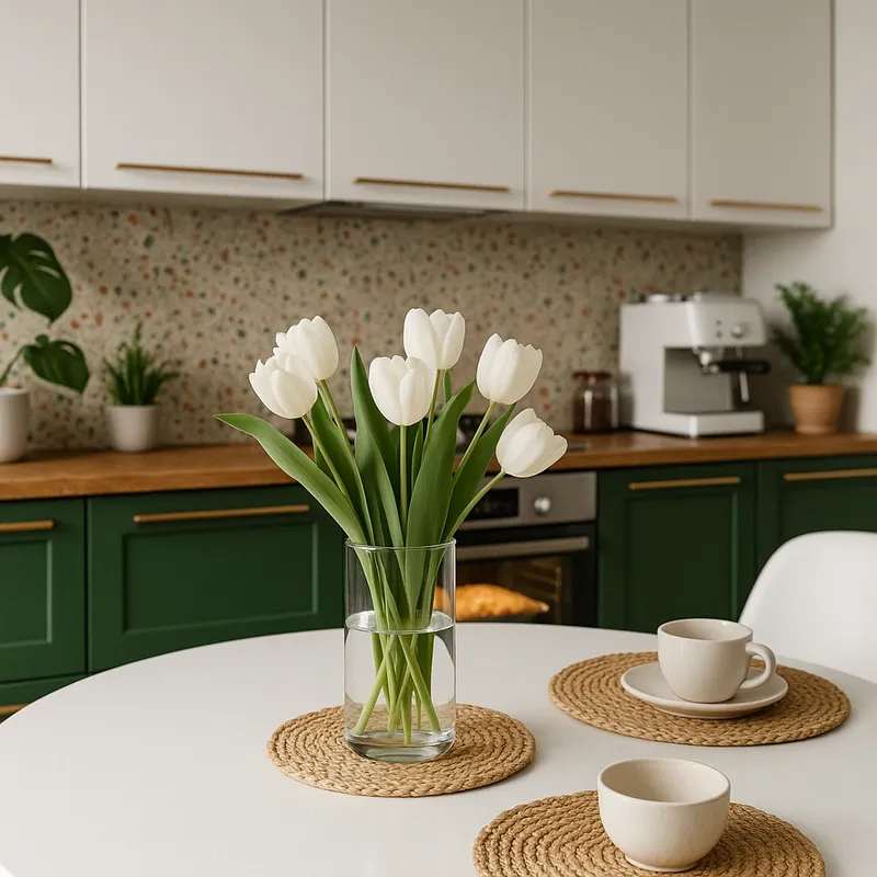 Zbliżenie na stół z tulipanami w kuchni z terrazzo