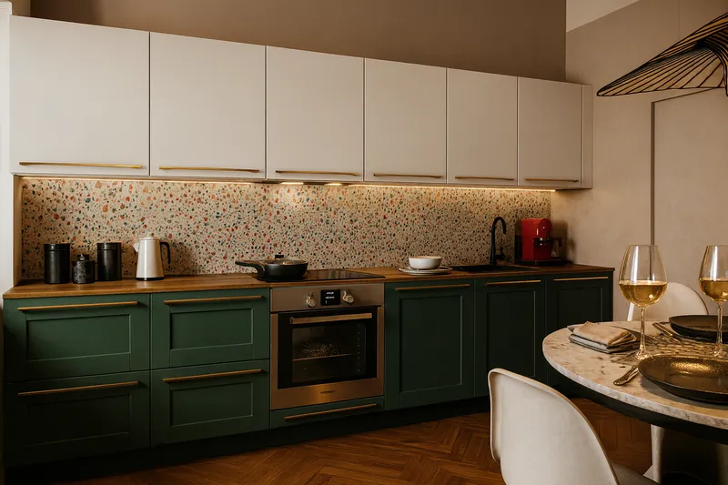 Zielona kuchnia z frontami shaker i blatem terrazzo