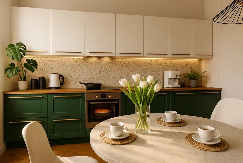 Strefa jadalna z marmurowym stolikiem i rattanowym krzesłem