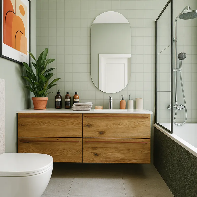 Łazienka z zielonymi płytkami i drewnianą szafką