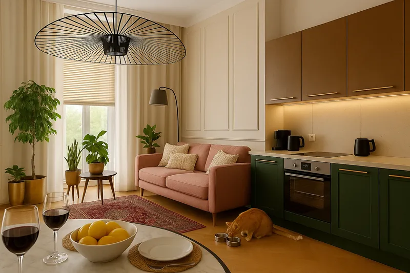 Salon eklektyczny z różową kanapą i orientalnym dywanem