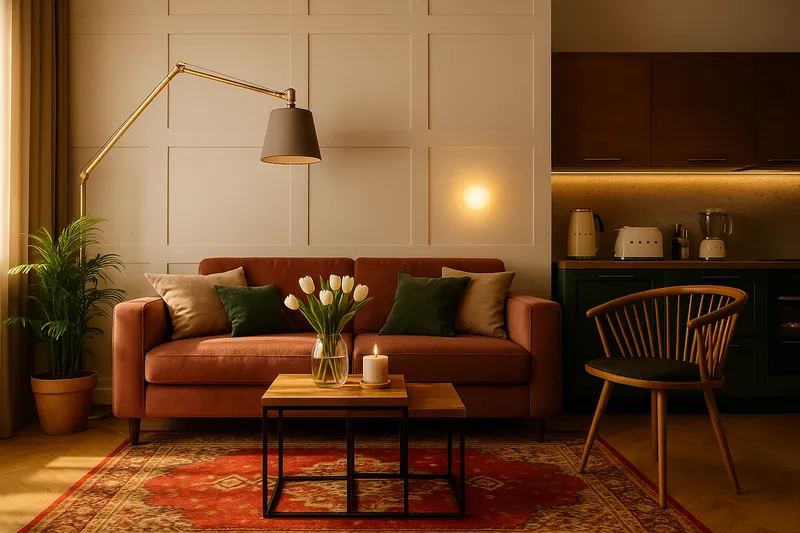 Salon wieczorem z ciepłym oświetleniem i zieloną kuchnią w tle