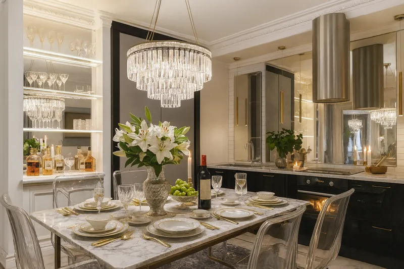 Jadalnia z kryształowym żyrandolem i marmurowym stołem