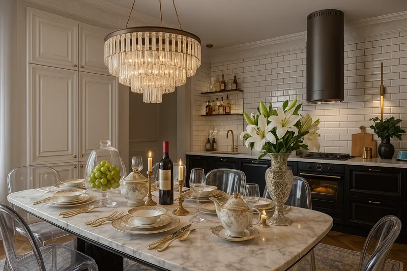 Kuchnia w stylu klasycznym z czarnymi frontami i ceglaną ścianą