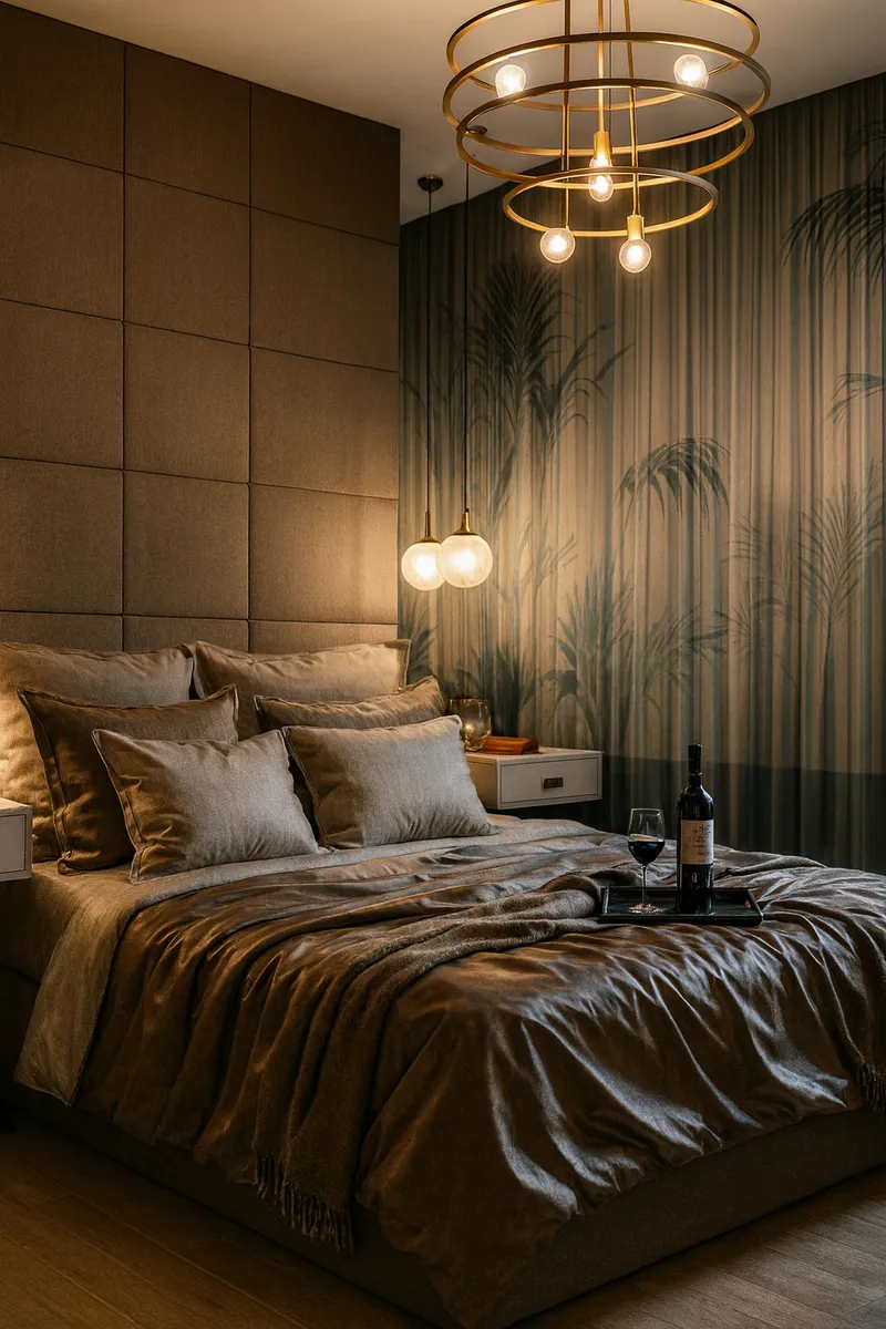 Sypialnia Art Deco z tapicerowanym zagłówkiem i kryształowym żyrandolem