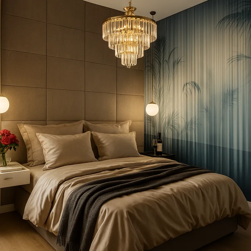 Sypialnia z niebieską tapetą palmową i kryształowym żyrandolem
