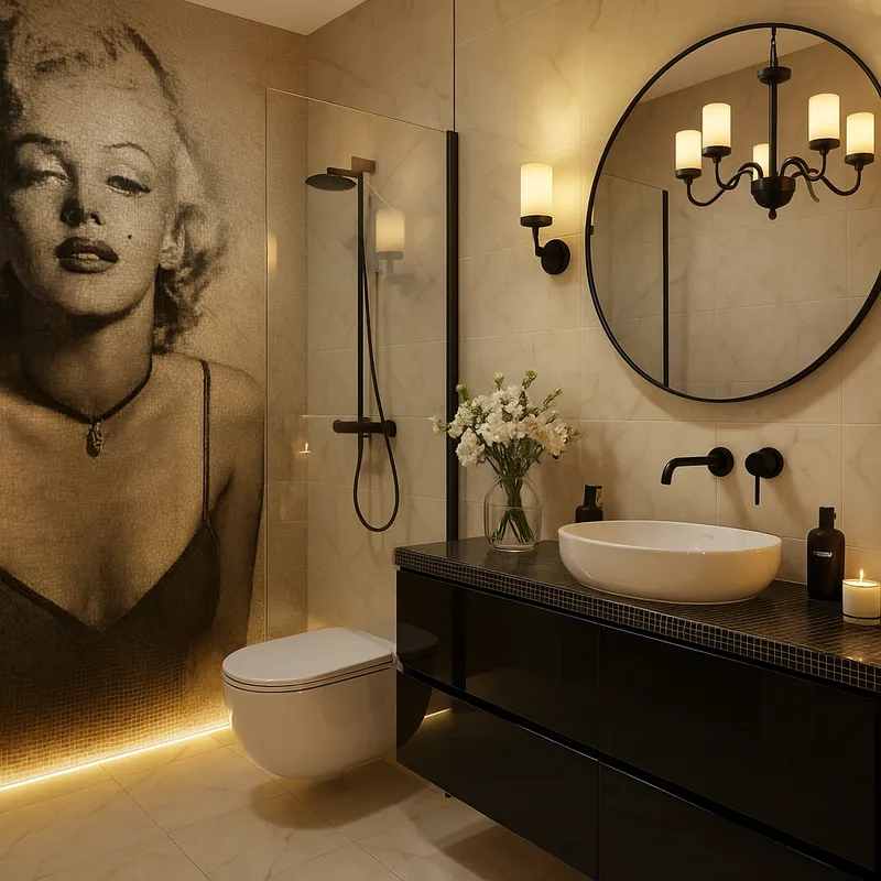 Łazienka z mozaikowym portretem Marilyn Monroe i świecznikowymi kinkietami