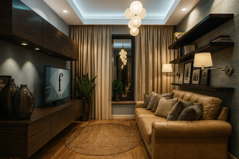 Przytulny pokój TV ze skórzaną kanapą camel i lampami bubble