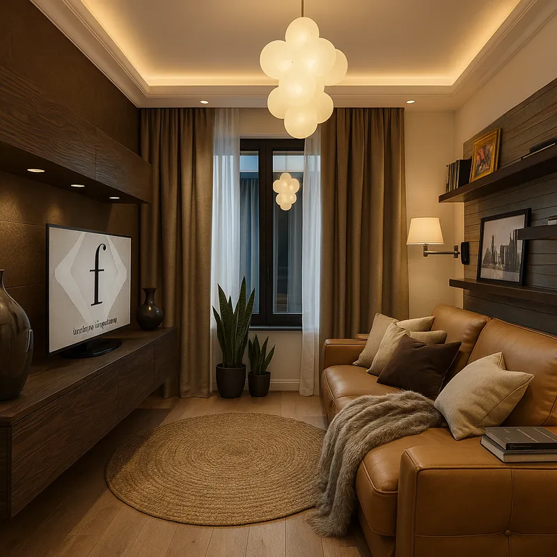 Pokój dzienny wieczorem z nastrojowym oświetleniem i Fashion TV