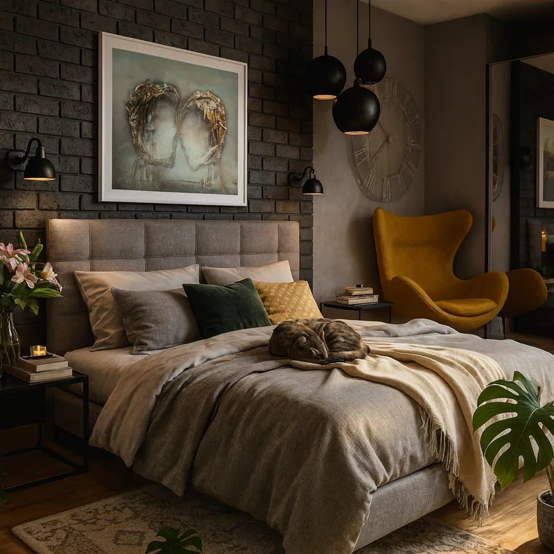 Sypialnia industrialna z ciemną cegłą i musztardowym fotelem jajko