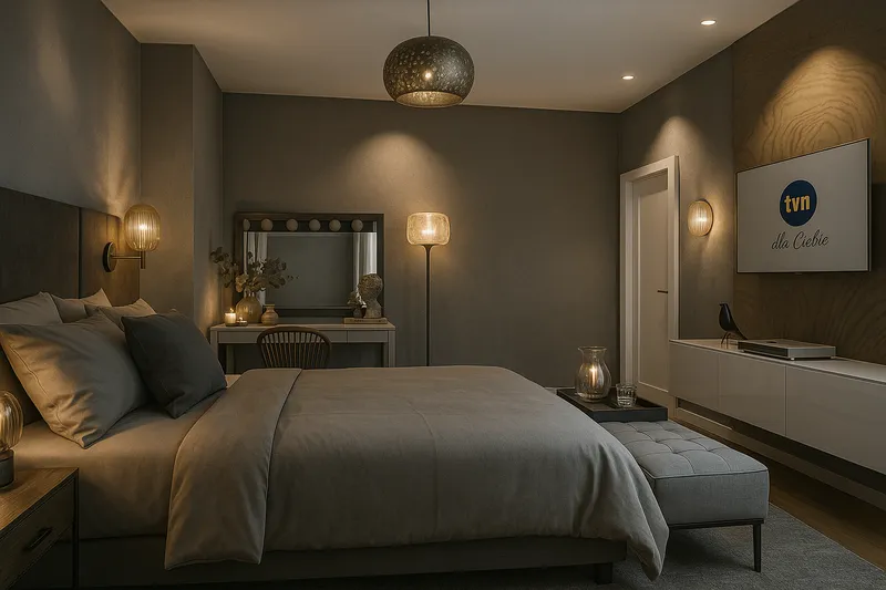 Ciemna sypialnia główna ze złotym orientalnym żyrandolem