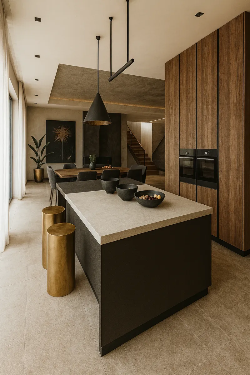 Kuchnia z wyspą z ciemnego kamienia i złotymi stołkami