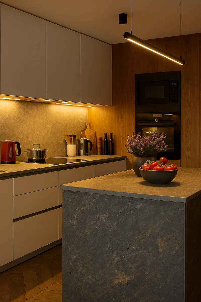 Detale wyspy kuchennej z niebieskiego kamienia