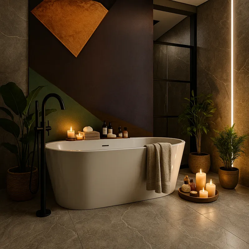 Wanna ze świecami i roślinami na tle ciemnego kamienia