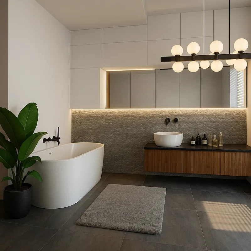 Łazienka główna z wolnostojącą wanną i lampami kulami