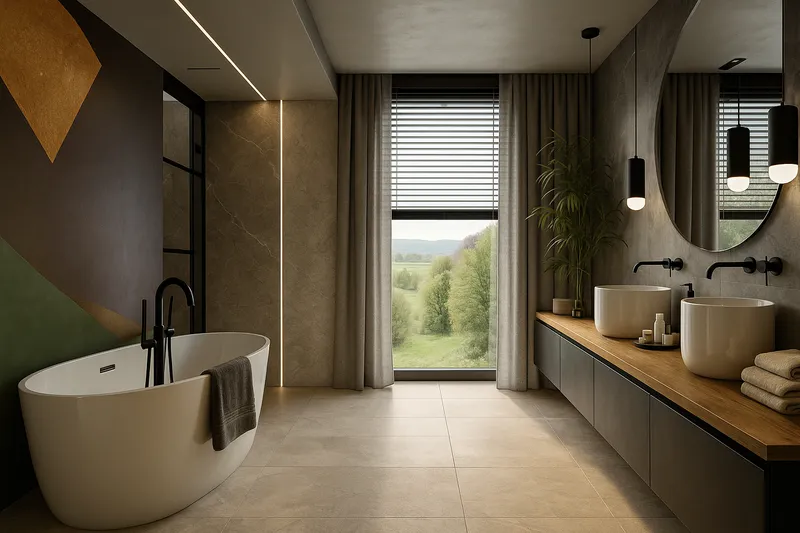 Druga łazienka z geometrycznym muralem i widokiem na zieleń