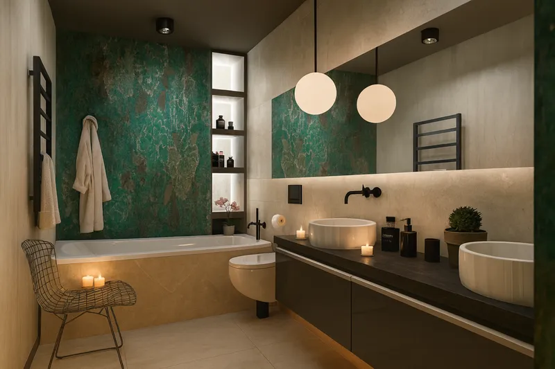 Łazienka ze szmaragdowym kamieniem naturalnym i czarną armaturą