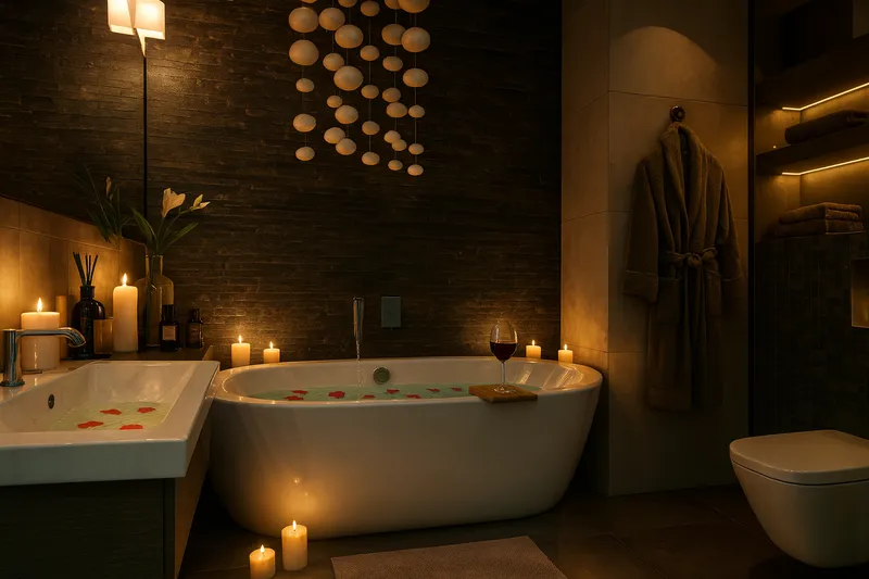 Ciemna łazienka SPA z wanną wolnostojącą i płatkami róż