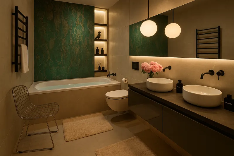 Łazienka ze szmaragdowym kamieniem z widokiem na wnęki z podświetleniem