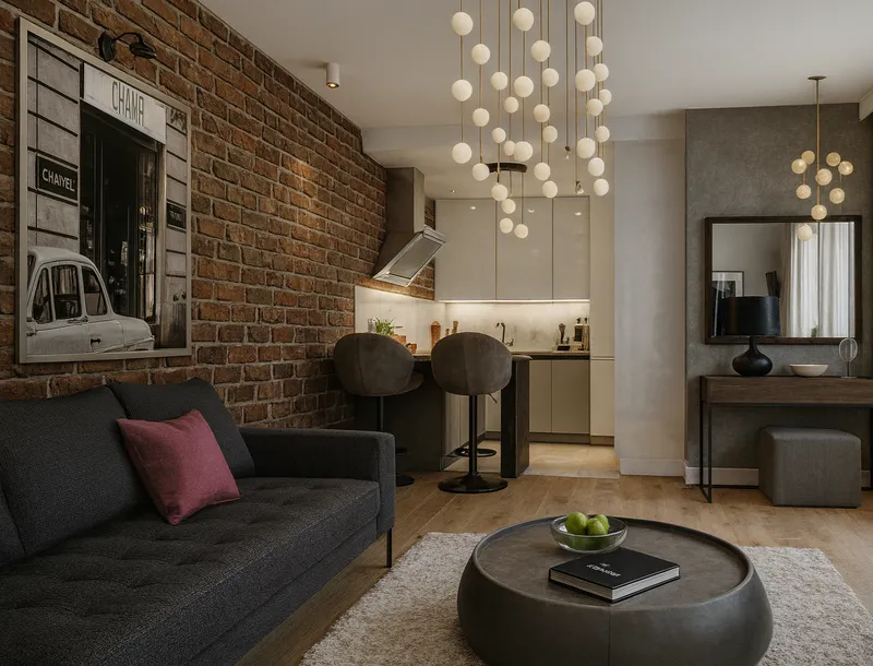 Salon loftowy z odsłoniętą cegłą i bąbelkowym żyrandolem